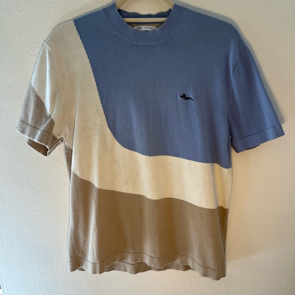 Men's Blue and Tan Colorblock Shirt